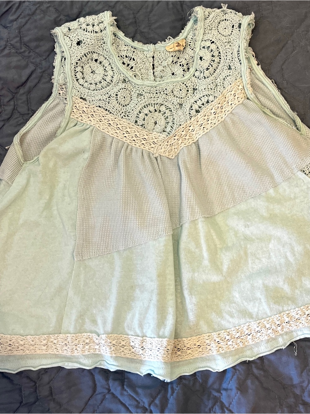 Three Bird Nest Pale Baby Blue Crochet Lace Tank Top